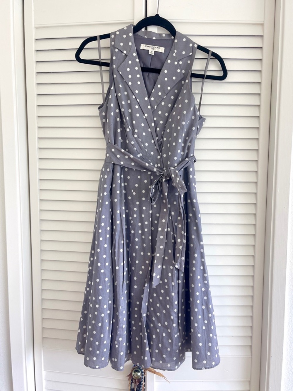 Evan Picone Grey Sleeveless Polka Dot Midi Wrap Dress